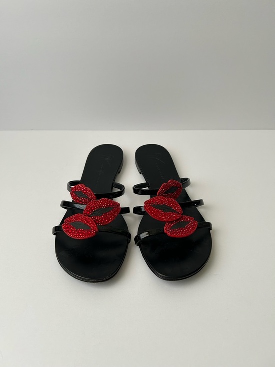 Giuseppe Zanotti Shoes - Giuseppe Zanotti Black Slide Sandals with Red Lip Appliqués